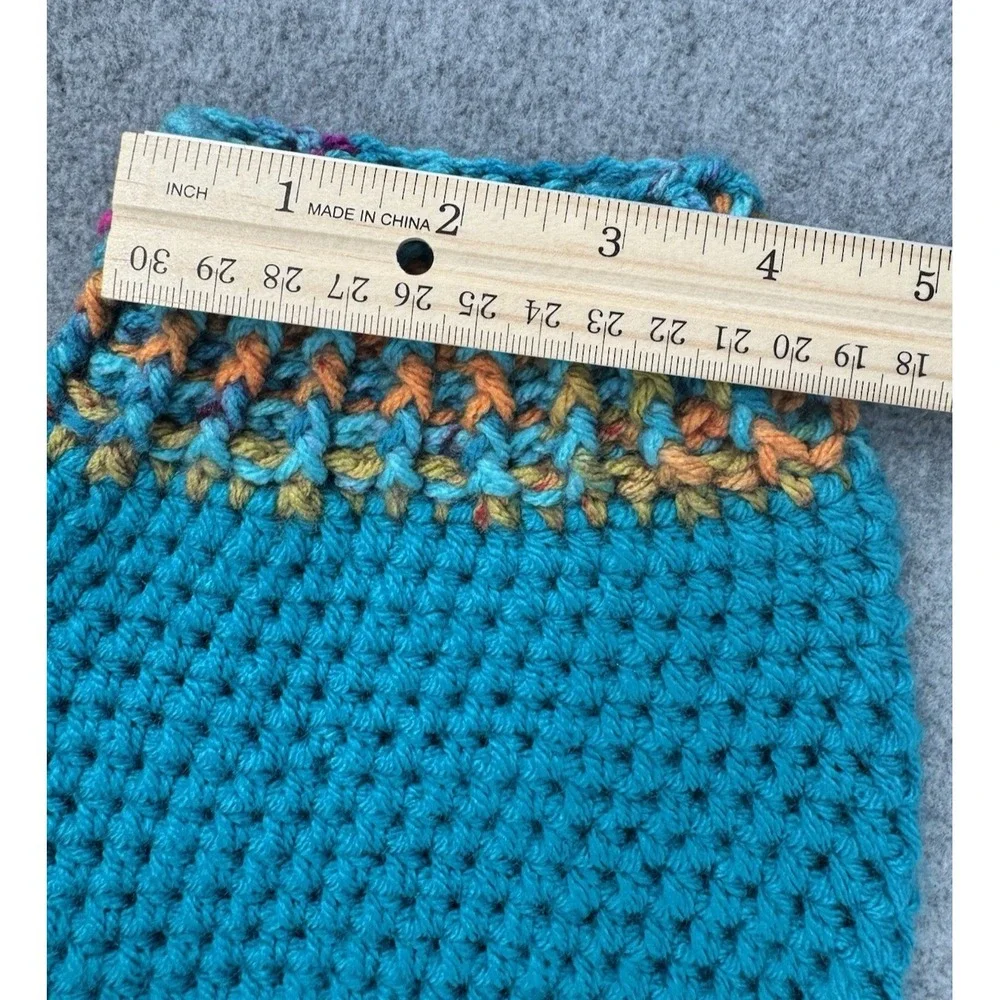 Dog Sweater & Hat Set Small Teal Multicolor‎ Handmade Crochet Pom Pom Puppy